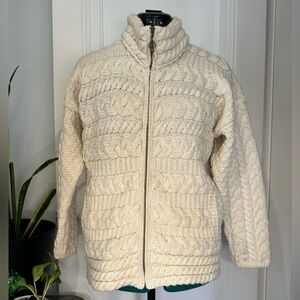 Carraig Donn Womens Cardigan Sweater Ivory 100% Wool Long Sleeve Mock Neck Zip L